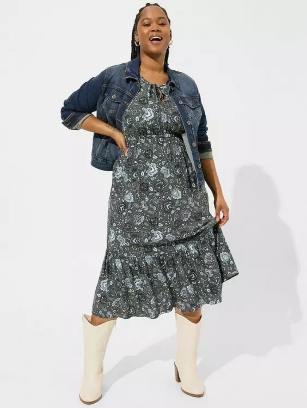 Torrid Gray Tea Length Challis Front Tiered A-line Dress Plus Size 2 2x - Picture 4 of 10